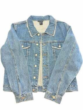 Boston Proper Women’s Jacket Blue Denim Collared Pockets Buttons Size 14